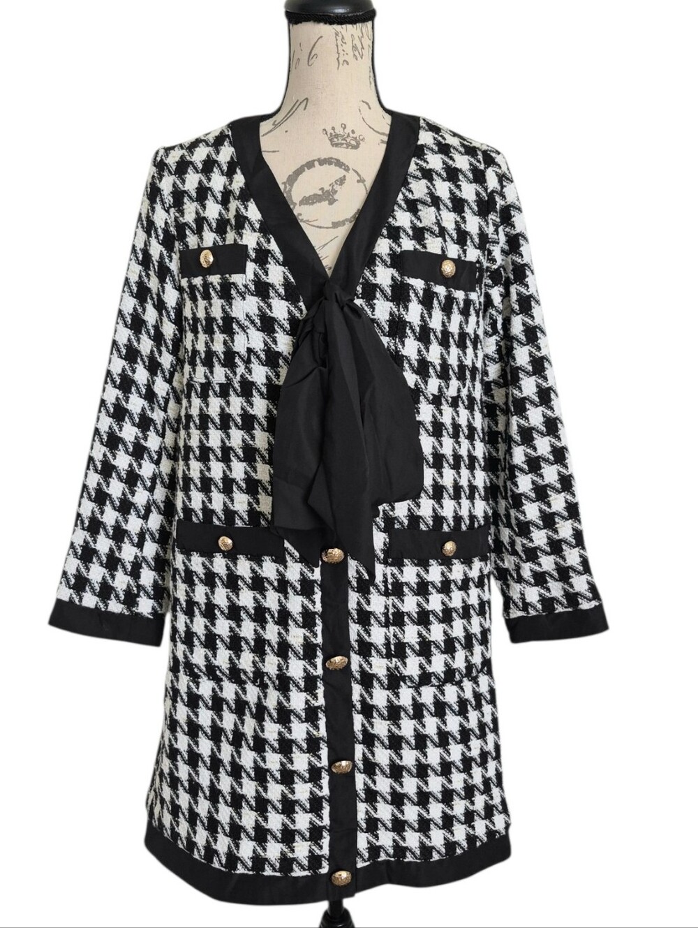 Pomander Place Tuckernuck Coco Tweed Bow Houndstooth Dress S Preppy Classic